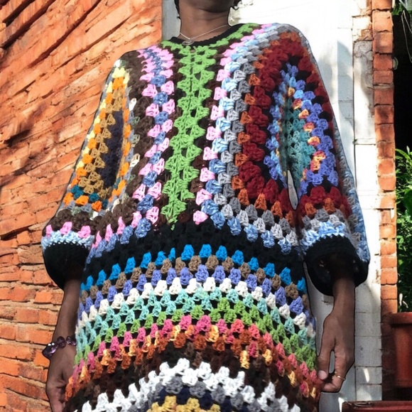 AMARA Bohemian Oversized Crochet Sweater Dress-Chunky Knit Kaleidoscope of Color - Picture 11 of 16